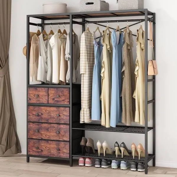 Heavy Duty Clothes Rack with 5 Drawers & 4 Storage Shelves, 70.9Hx59.1W Clothing Rack with 2 Hanging Rods, Wardrobe Closet Rack with 5 Hooks, Freestanding Garment Rack (Rustic Brown)