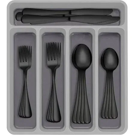 60-Piece Black Silverware Set with Organizer