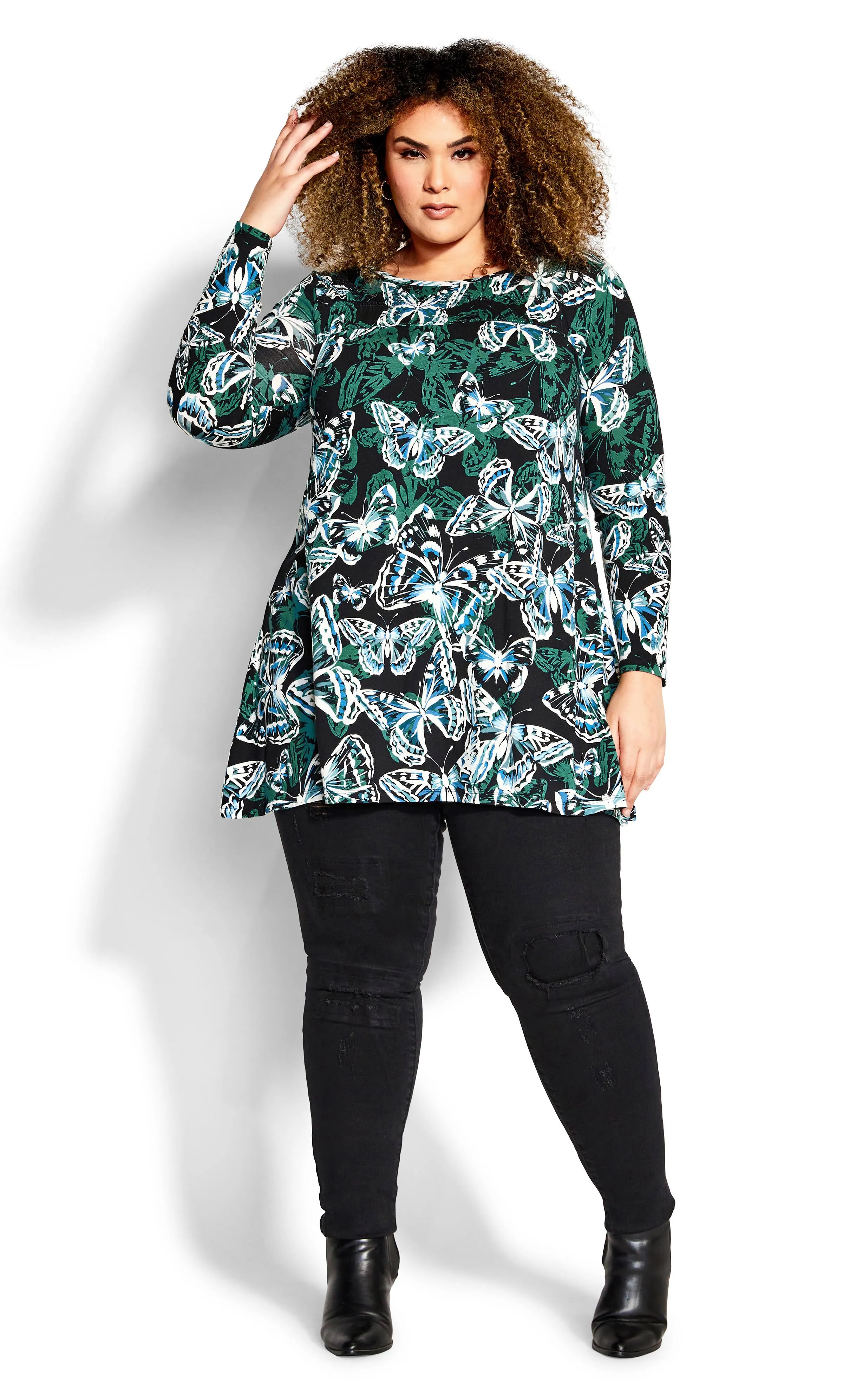 Avenue Plus Size Casey Smock Print Tunic Top - Teal Flutter - Size 16W