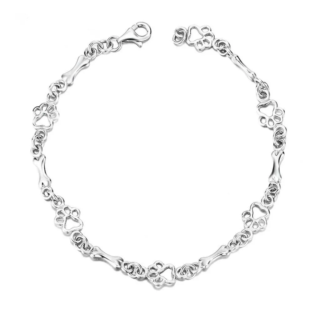 925 Sterling Silver Dog Bone and Paw Print Link Charm Bracelet for Dog Lover LSCB20