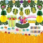 Tropical Luau Party Decoration Pack Hawaiian Beach Theme Party Favors Luau Party Supplies (112 PCS) including Banner, Table Skirt, Straws, Flamingo, Pineapple Décors.