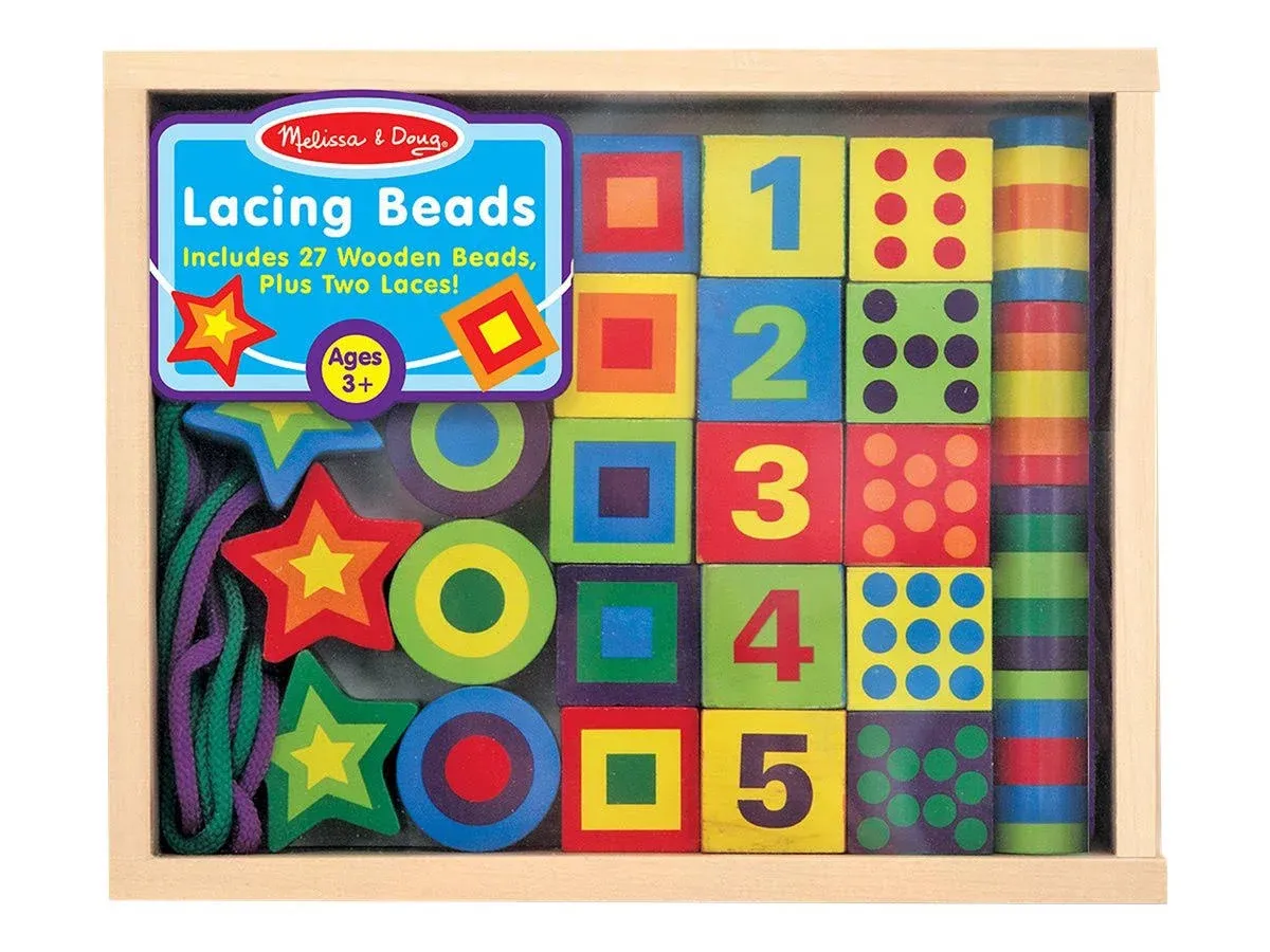 Melissa & Doug Deluxe Wooden Lacing Beads - Educational Activity With 27 Beads and 2 Laces - Beads For Toddlers, Fine Motor Skills Lacing Toys For Toddlers And Kids Ages 3+Melissa & Doug Deluxe Wooden Lacing Beads - Educational Activity With 27 Beads and