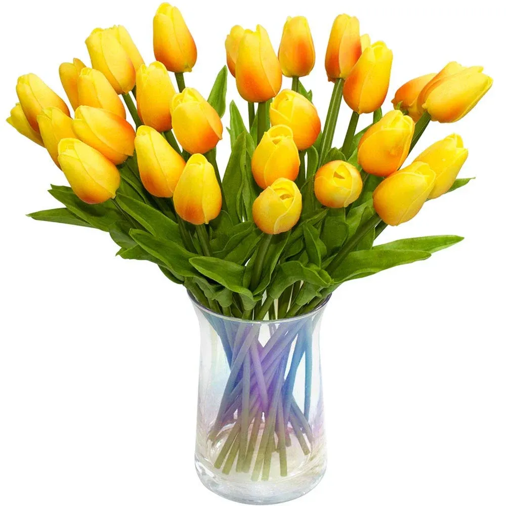 30pcs Artificial Tulips Flowers Real Touch Orange Tulips Fake Holland PU Tulip Bouquet Latex Flowers for Wedding Party Office Home Kitchen Decoration (Orange)