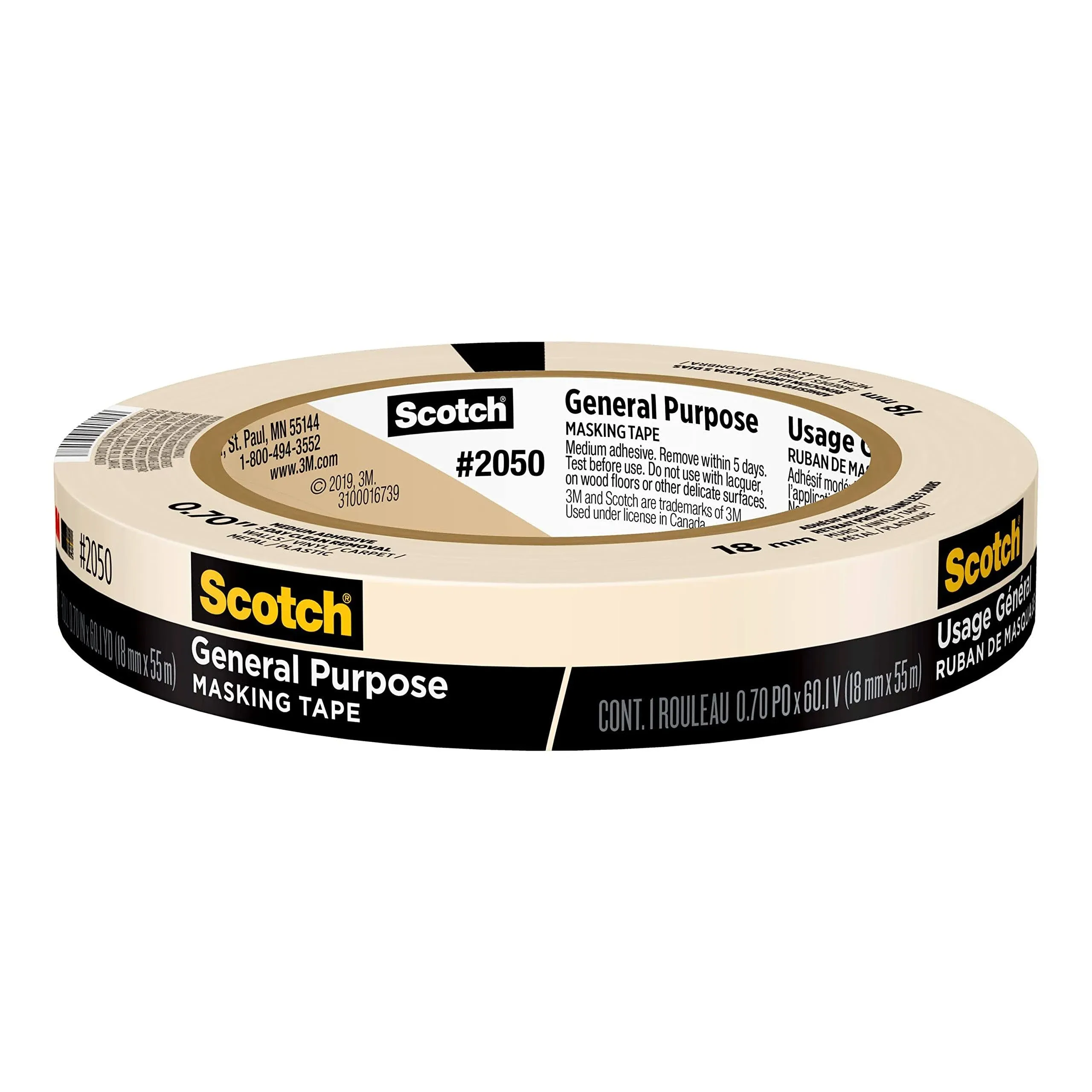 Scotch General Purpose Masking Tape, Tan, Tape for Labeling, Bundling and General Use, Multi-Surface Adhesive Tape, 0.70 Inches x 60 Yards, 1 Roll