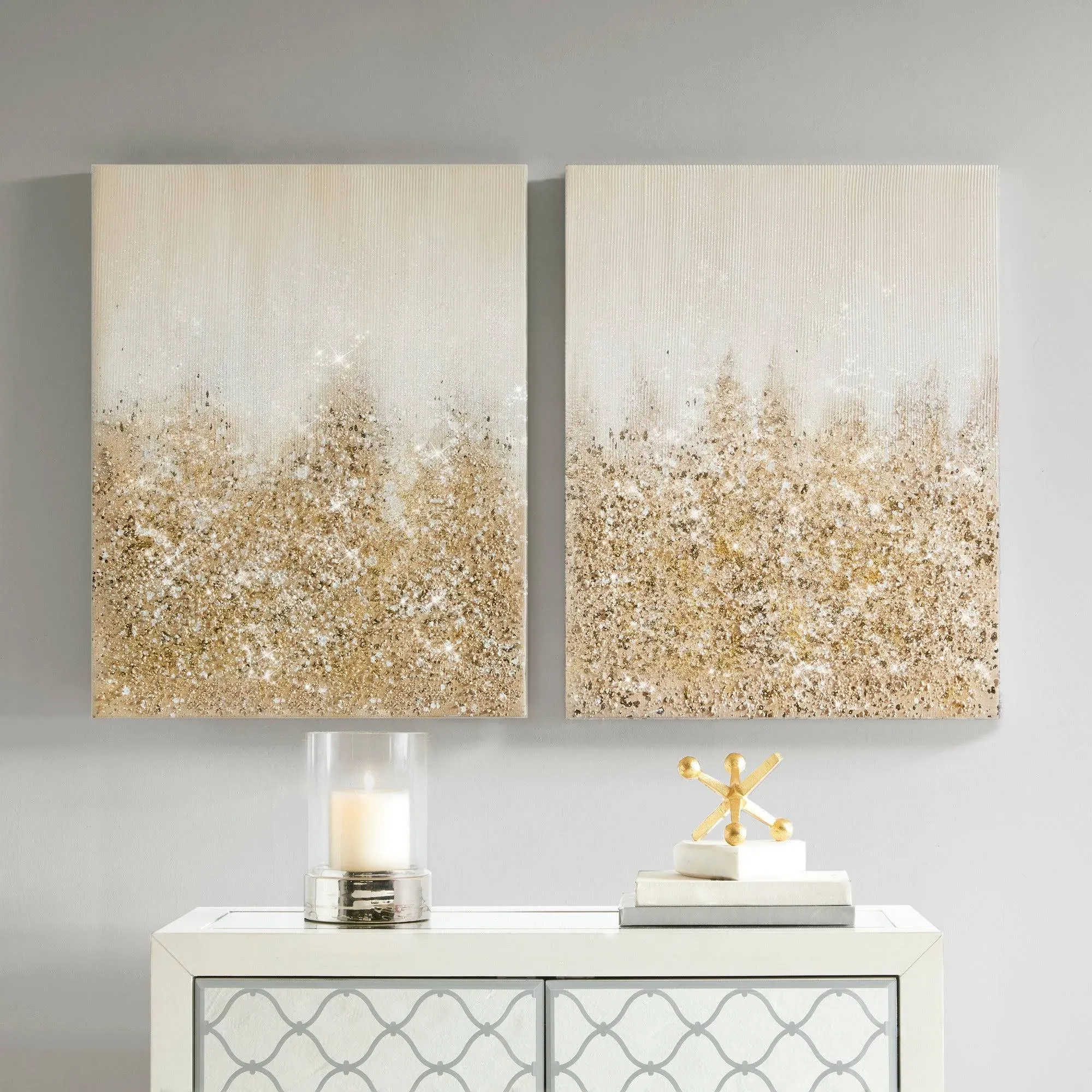 Golden Glimmer 100% Hand Brush Embellished Canvas, 2 Piece Set, Each 22&#034; W X 28&#034;