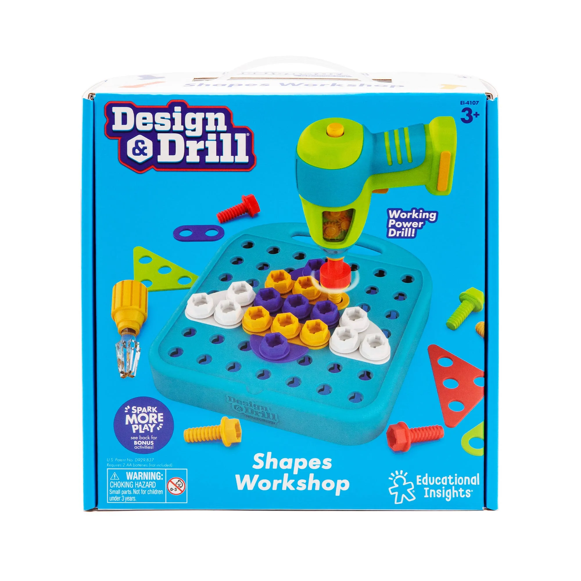 Educational Insights Design & Drill Shapes Workshop, 73 Pieces with Electric Toy Drill, STEM Toy, Gift for Kids Ages 3+