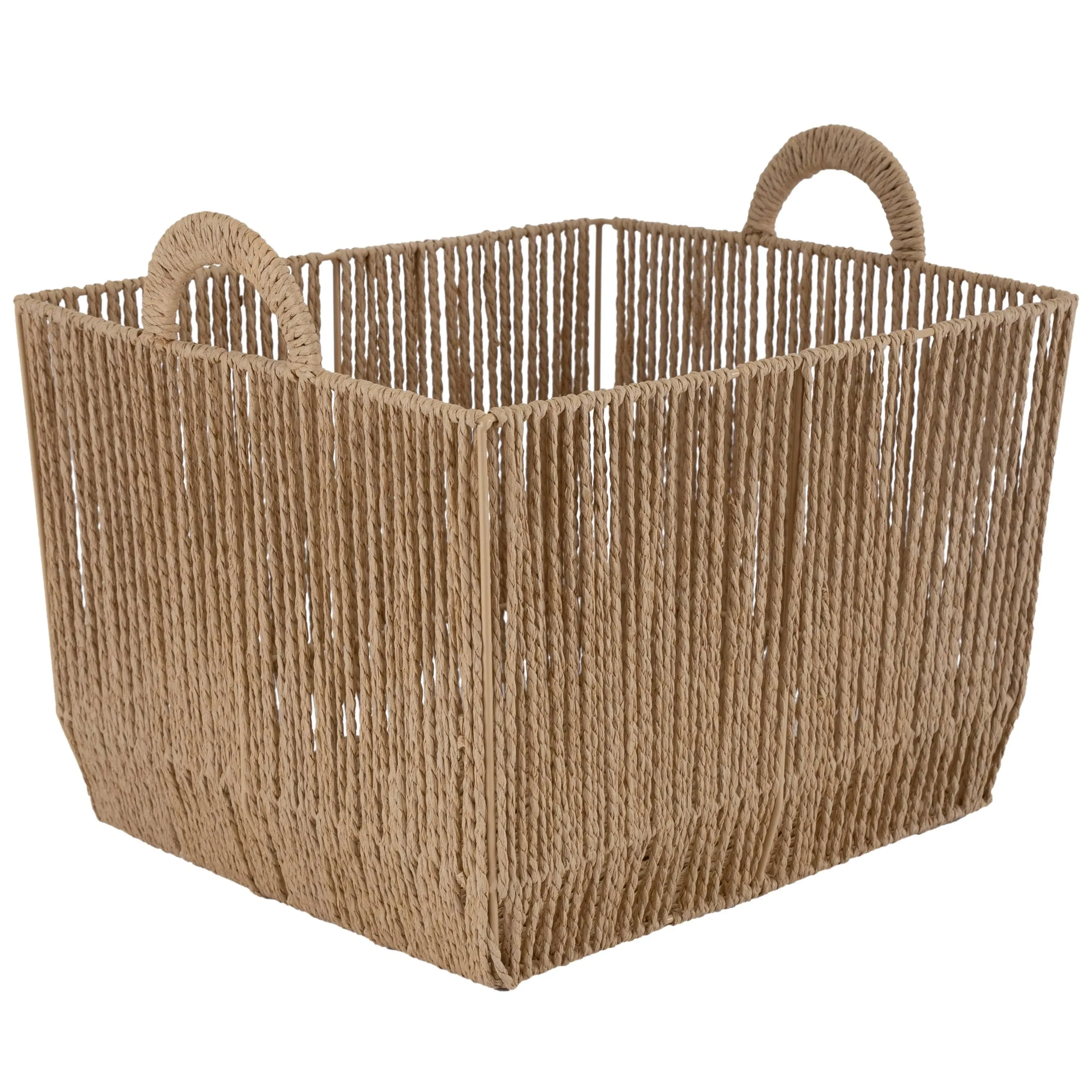 Simplify Vertical Weave Paper Rope Small Storage Basket with Round Handles