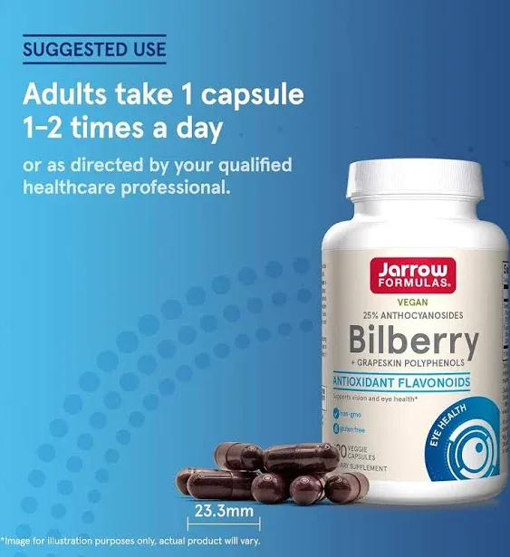 Jarrow Formulas Bilberry + Grapeskin Polyphenols 280 mg - 120 Veggie Capsules - Dietary Supplement Supports Vision & Eye Health - Up to 120 Servings