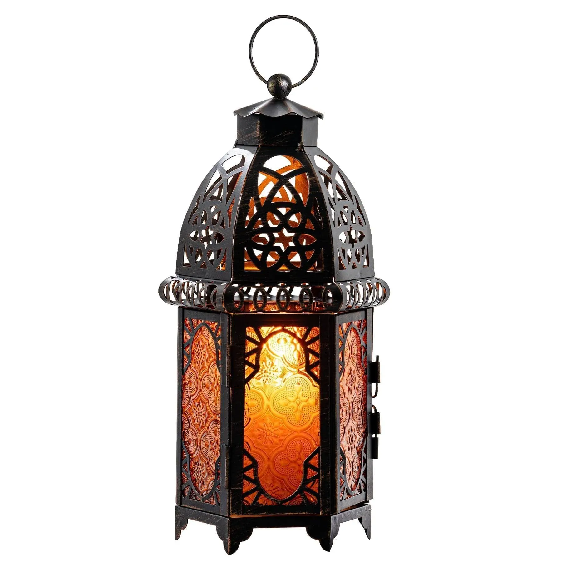 DECORKEY Vintage Large Size Decorative Candle Ramadan Lantern, H:12.8 inch Moroccan Style Christmas Hanging Lantern, Metal Tabletop Lantern Decor, Chr