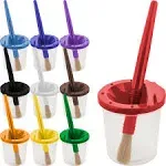 U.S. Art Supply 10 Piece Children's No Spill Paint Cups with Colored Lids and 10 Piece Large Round Brush Set with Plastic Handles