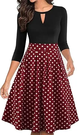 YATHON Vintage Dress for Women Retro 1950's Wine Red White Polka Dot Patchwork ...