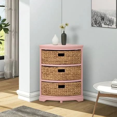 Hampton Meadows 3 Tier X-Side Corner Table Storage Cabinet with 3 Natural Water Hyacinth Wicker Baskets for Living Room, Pink