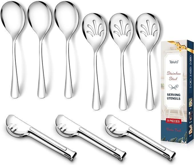 Stainless Steel Metal Serving Utensils - Large Set of 9-10" Spoons, 10" Slotted Spoons, and 9" Tongs by Teivio