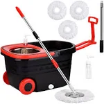 Coofel Spin Mop and Bucket with Wringer Set On Wheels, 360° Spinning Mop Bucket System with 3 Microfiber Mop Replacement Heads and 61" Stainless Steel