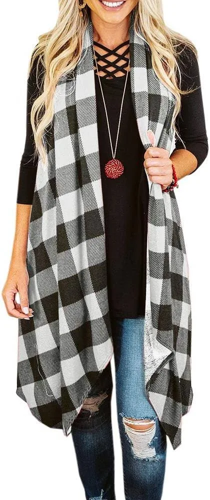 Ivay Womens Plaid Open Front Sweaters Sleeveless Duster Cardigans Drape Lightweight Vest Coat with Pockets