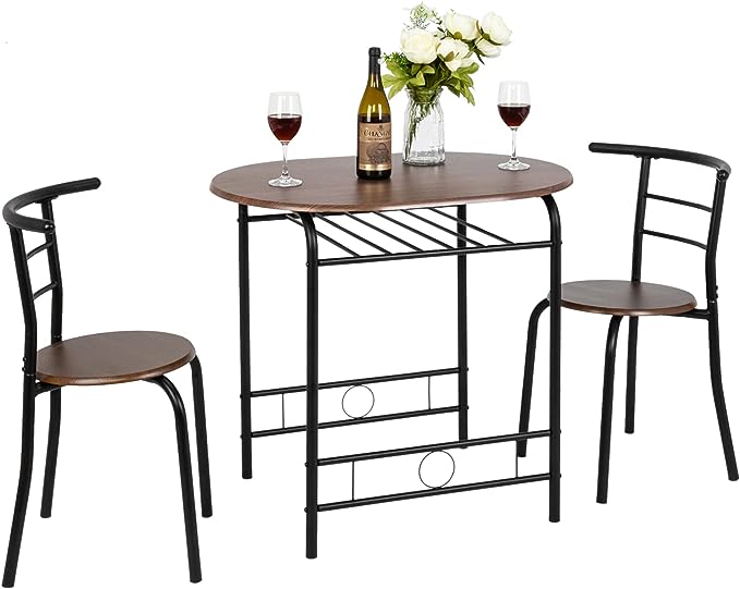 VINGLI 3 Piece Dining Set,Small Kitchen Table Set for 2,Breakfast Table Set for 2,Kitchen Wooden Table and 2 Chairs for Small Space/Dining Room/Apartment,Metal Frame,Wine Rack,Black&Walnut