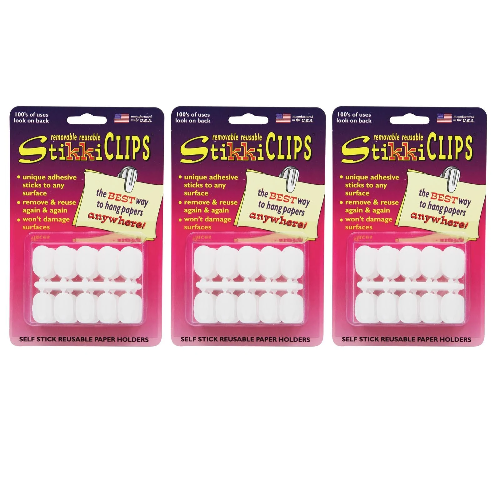 Stikkiworks Stikkiclips Adhesive Clips, White, 30 per Pack, 3 Packs