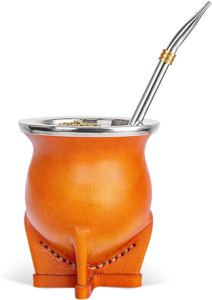 Argentina Yerba Mate Cup With Ceramic liner Straw Tea Gourd Mug One Bombilla Mate a Cleaning Brush (brown)