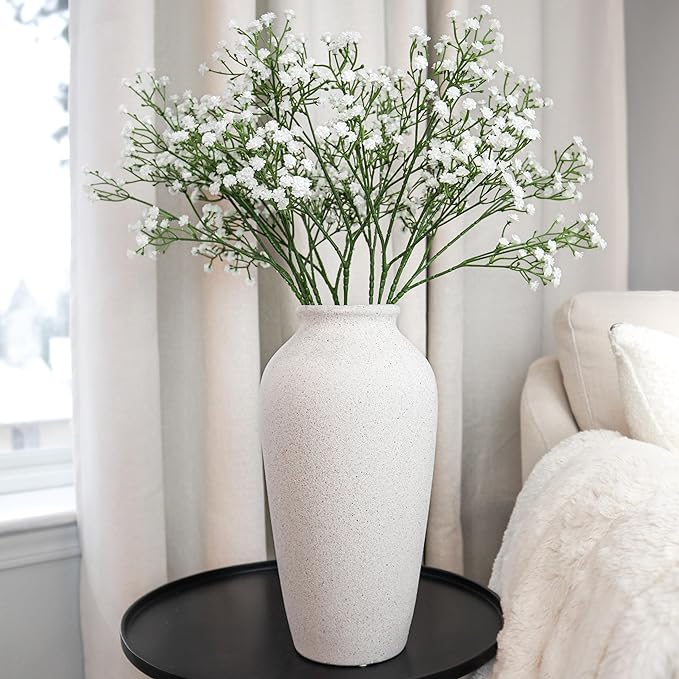 Laurel&Vine 12" Tall White Ceramic Vase, Speckled Textured Minimalist, with 15 Stems of 22" Faux Artificial White Babys Breath, Farmhouse Console