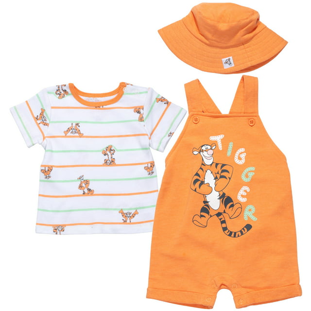 Disney Tigger Winnie the Pooh Baby French Terry Short Overalls T-Shirt and Hat 3 Piece Outfit Set Baby to Baby