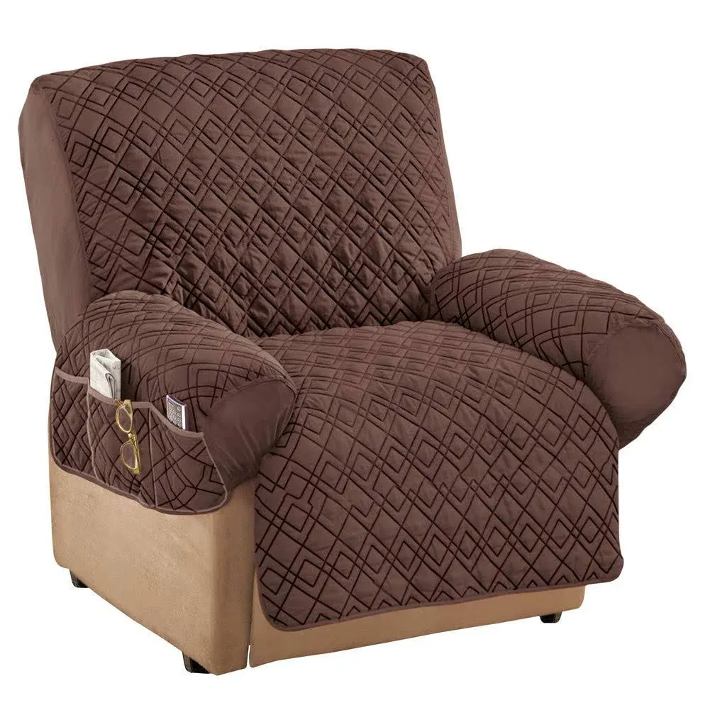 Collections Etc Diamond Quilted Stretch Recliner Cover with Storage - Chocolate