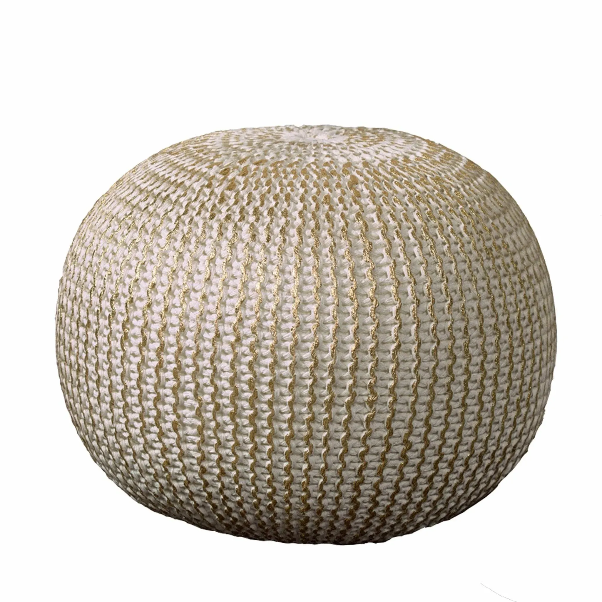 L.R. Resources Fairbanks Bone Knitted Pouf Ottoman, 1'4" x 1'8", Ivory/Gold -, 20" x 20" x 16"