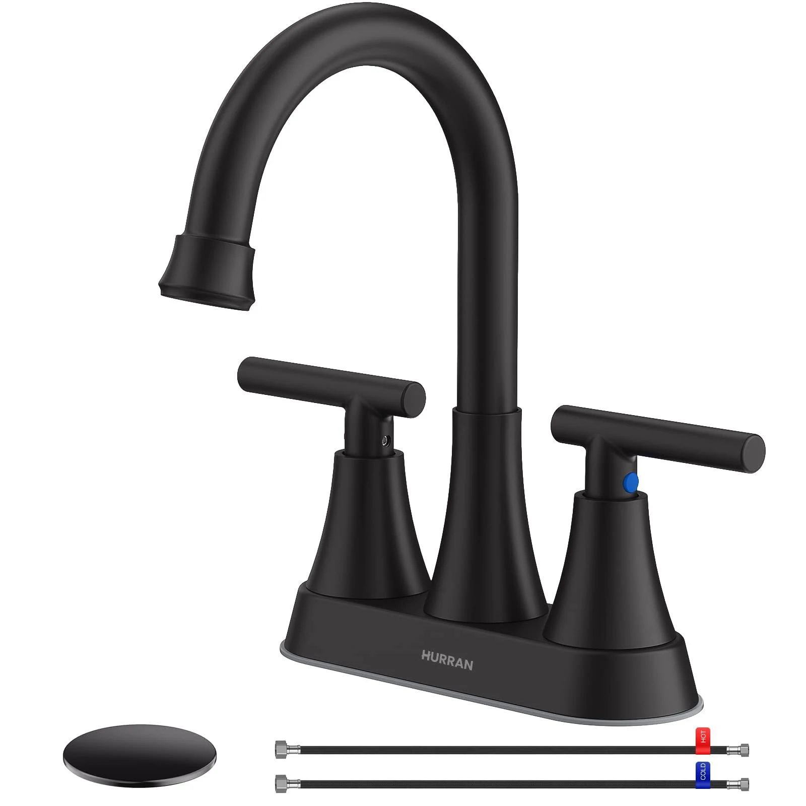 Bathroom Faucets for Sink 3 Hole, Hurran 4 inch Matte Black Bathroom Sink Faucet with Pop-up Drain and 2 Supply Hoses, Stainless Steel Lead-Free 2-Handle Centerset Faucet for Bathroom Sink Vanity