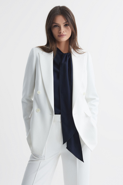 White Double Breasted Crepe Suit Blazer