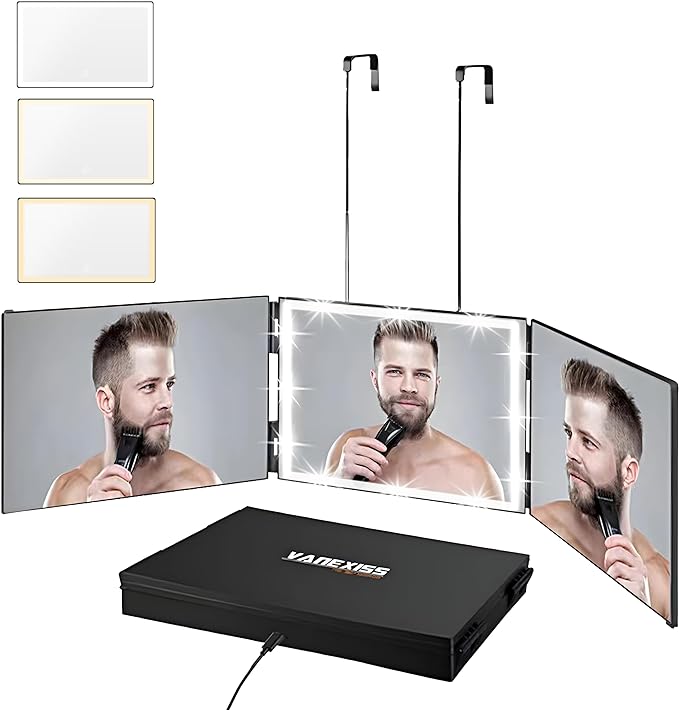 Vanexiss Rechargeable 3 Way Mirror for Hair Cutting, Real Glass Adjustable Trifold Mirror with 3 Color Temps LED Light & Telescoping Hooks for Makeup, Shaving & Styling