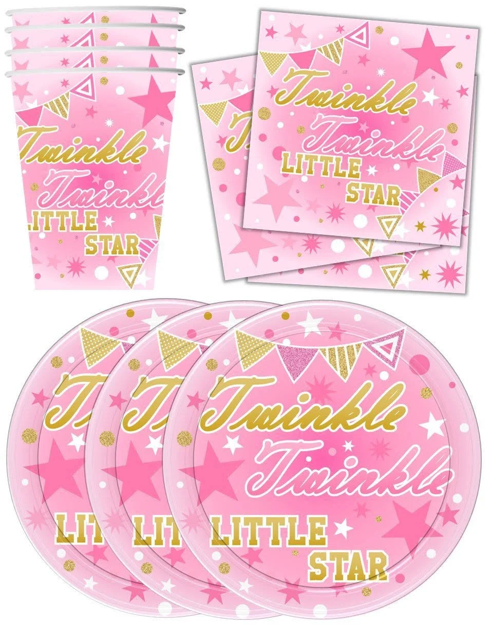 Twinkle Twinkle Little Star Pink Birthday Party Supplies Set Plates Napkins Cups Tableware Kit for 16