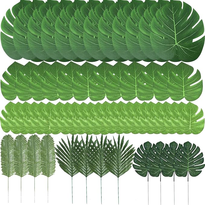 T-Antrix 60 Pcs 6 Kinds Artificial Palm Leaves Tropical Plant Safari Leaves Faux Monstera Leaves Stems for Hawaiian Luau Party Decorations, Tiki Aloha Jungle Beach Theme Party Table Leave Decorations