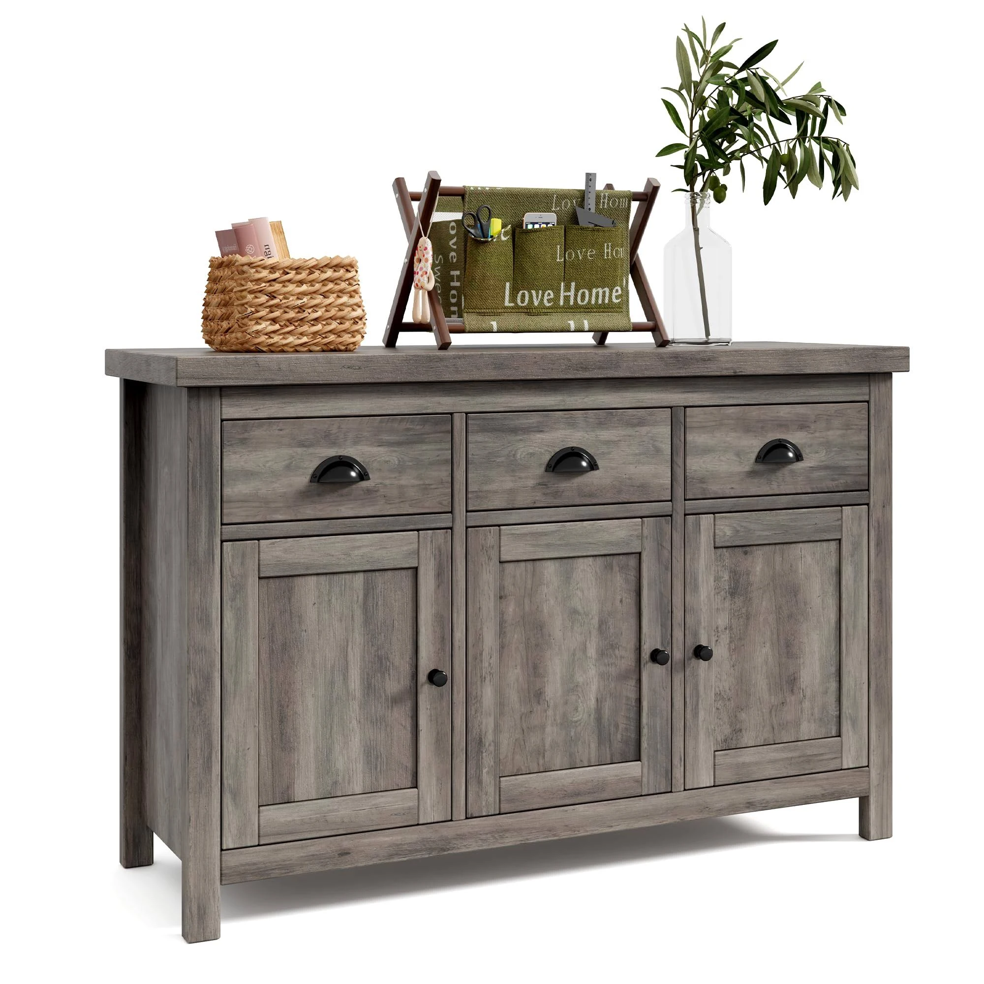 Senfot Kitchen Cabinet, Sideboard, Buffet Table with Storage, 3 Drawers and 3 Doors Cabinets, Farmhouse Design with Retro Handle, Adjustable Shelves for Living Room, Dining Room in Grey Wash