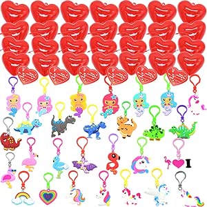 DINESIL 28 Packs Valentines Party Favors Set with Valentines Hearts, Unicorn Keychains, Dinosaur Keychains and Valentines Cards for K