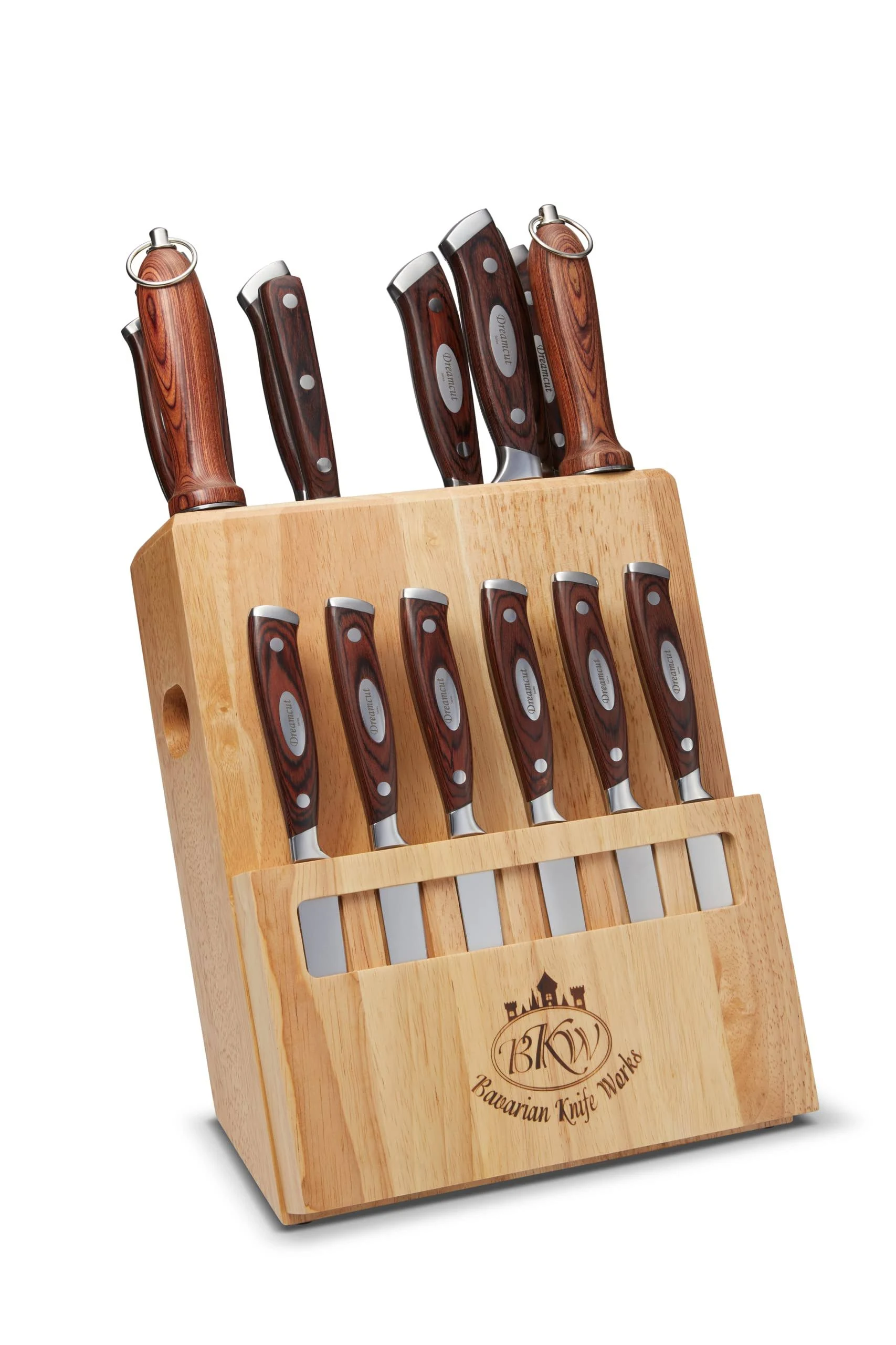 Bavarian Knife Works 19 Pieces Kitchen Knife Set, Knife Block Set with Steak Knives, Razor Sharp Blades, Ergonomic Pakkawood Handle, Light Weight Easy to Sharpen made of German Steel