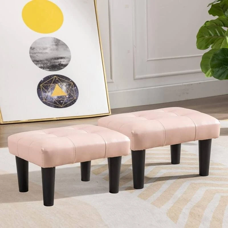 Small Footstool Ottoman, Faux Leather Wooden Foot Stool Ottoman, Perfect for Living Room, Bedroom, Entryway or Office Seating (Leather Pink,2PCS)