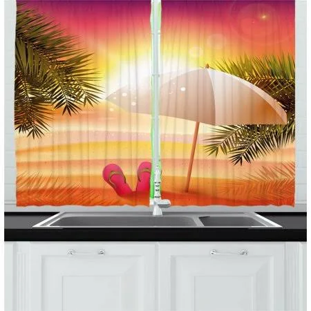 Ambesonne Orange Kitchen Curtains, Sunset at The Beach with Flip Flops Umbrella and Palm Trees Illustration, Window Drapes 2 Panel Set for Kitchen Cafe Decor, 55" x 39", Orange Yellow