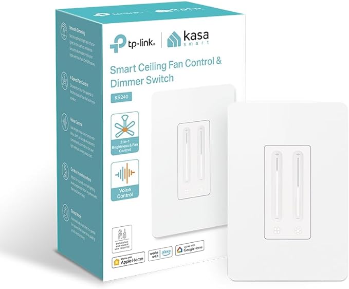 Kasa Smart Ceiling Fan Control & Dimmer Switch | Adjustable 4-Speed Fan & Brightness Control | Works w/Apple HomeKit, Alexa & Google Home | 2.4G Wi-Fi Only, Single Pole, Neutral Wire Required | KS240