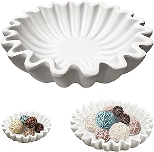 Decorative Bowl, White Resin Fluted Ruffle Bowl, Scallop Fruit Bowl, Key Bowl for Entryway Table Modern, Decorative Bowls for Coffee Table/Dining Table/Console Table/Home Decor Centerpiece (6 Inch)