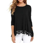 JWD Women's Tops Long Sleeve Lace Trim O-Neck A Line Tunic Blouse Black-Large