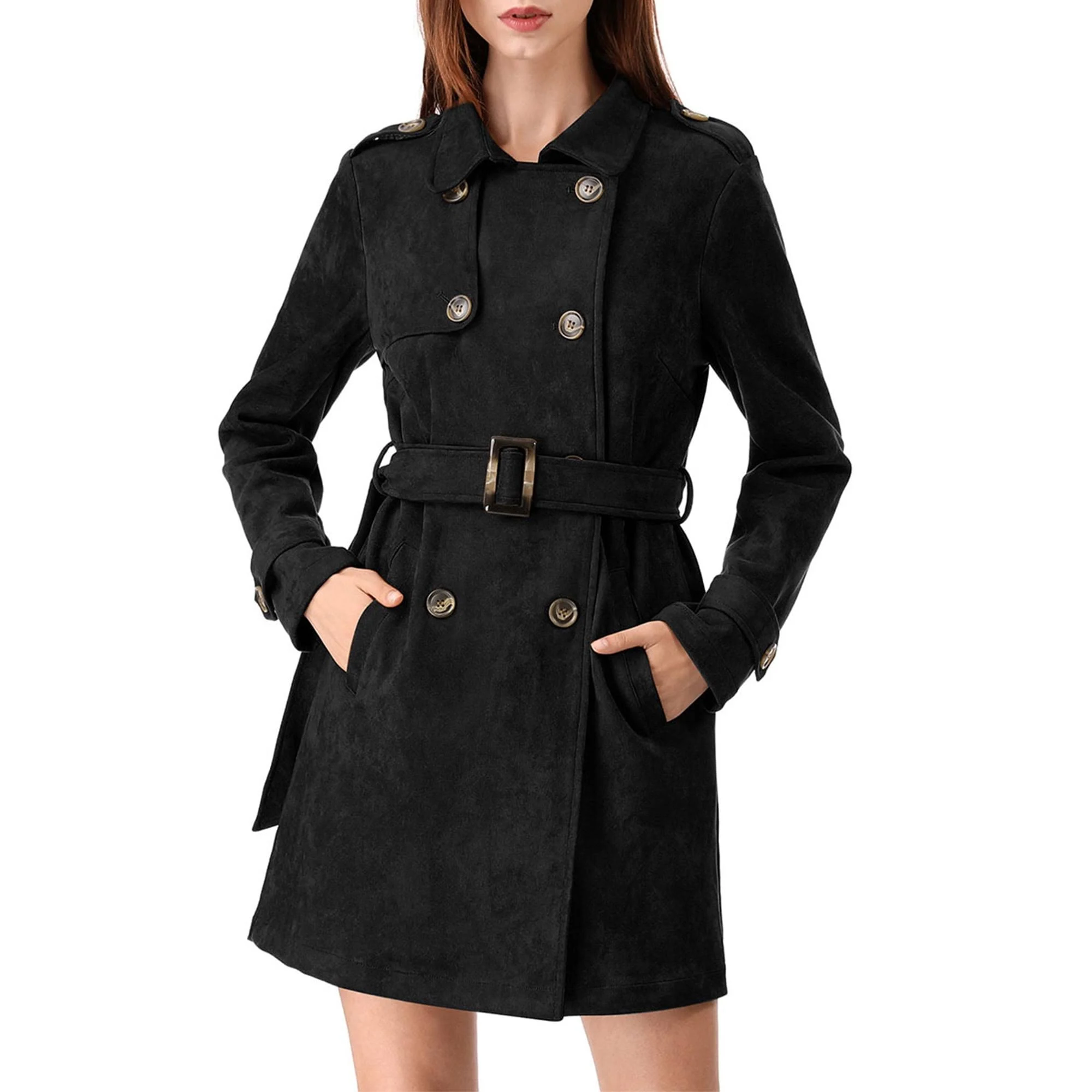 Allegra K Women's Faux Suede Trench Coat Notched Lapel Double Breasted Jacket with Belt