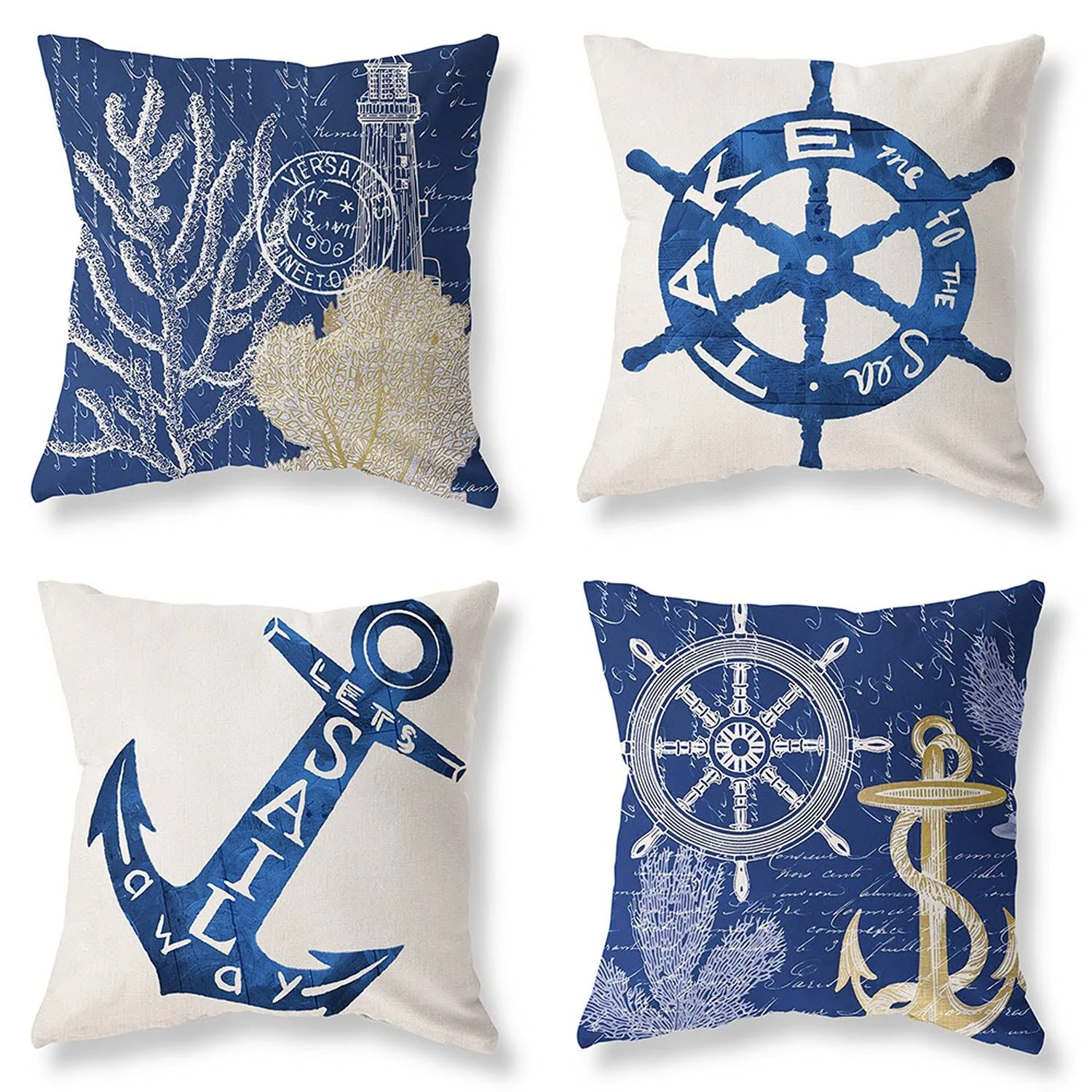 Navy Blue Nautical Throw Pillow Covers 18x18 Set of 4 White Coastal Ocean Anchors Pillow Covers Couch Decorative Outdoor Square Linen Pillow Cushion Cases for Living Room Sofa Bed Home Decor