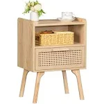 Lerliuo Rattan Nightstand with Charging Station, Boho Side Table with Drawer Open Shelf, Cane Accent Bedside End Table with Solid Wood Legs for Bedroom, Dorm and Small Spaces