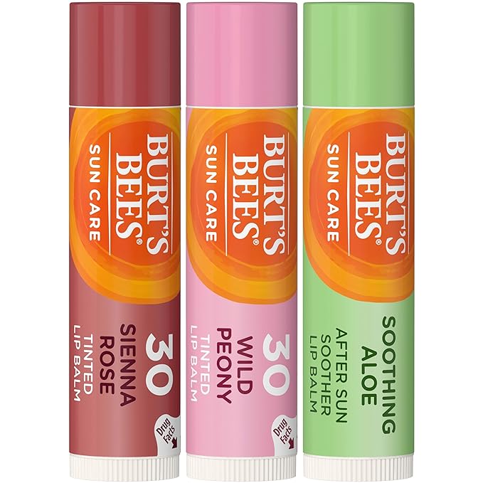 Burt's Bees Tinted Lip Balm SPF30 Stocking Stuffers, 2 Creamy Lip Stain Christmas Gifts with Sunscreen in Peach Peony & Deep Seinna Rose + Aloe Vera After Sun Soother, Post Exfoliator Scrub (3-Pack)