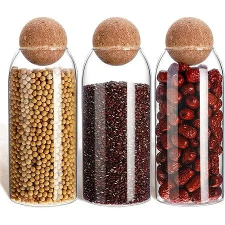 3 Pcs Cork Glass Jar Glass Bottle Sealed Jar Nut Storage Jar Coffee Bean Jar Glass Container with Ball Cork Round Glass Bottles with Cork Glass Canisters with Airtight Seal Wooden Lid (1300 ML/ 44 Oz)