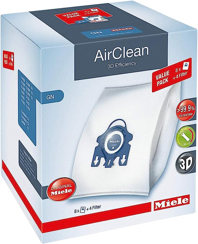 Miele AirClean - Bolsa de polvo 3D Efficiency, tipo GN, paquete de valor XL, 8 bolsas y 4 filtros