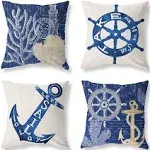 Mechanical Cattle Navy Blue Nautical Throw Pillow Covers 18x18 Set of 4 White Coastal Ocean Anchors Pillow Covers Couch Decorative Outdoor Square Linen Pillow Cushion