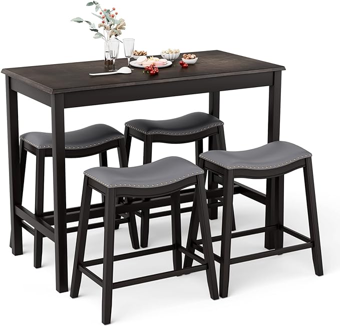 Giantex Dining Table Set for 4, Kitchen Counter Height Table w/ 4 Stools, 5 Piece Bistro Table Set, Rubber Wood Pub Dinette Set w/Upholstered Stools, Space-Saving Table Set for Small Spaces (Black)