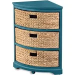 Hampton Meadows 3 Tier X-Side Corner Table Storage Cabinet with 3 Natural Water Hyacinth Wicker Baskets for Living Room, Teal