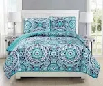 Linen Plus Fullqueen 3PC Quilted Bedspread Set Oversized Coverlet Floral Turquoise Navy Blue Teal Grey White New, Size: 3PC Full/Queen Quilt