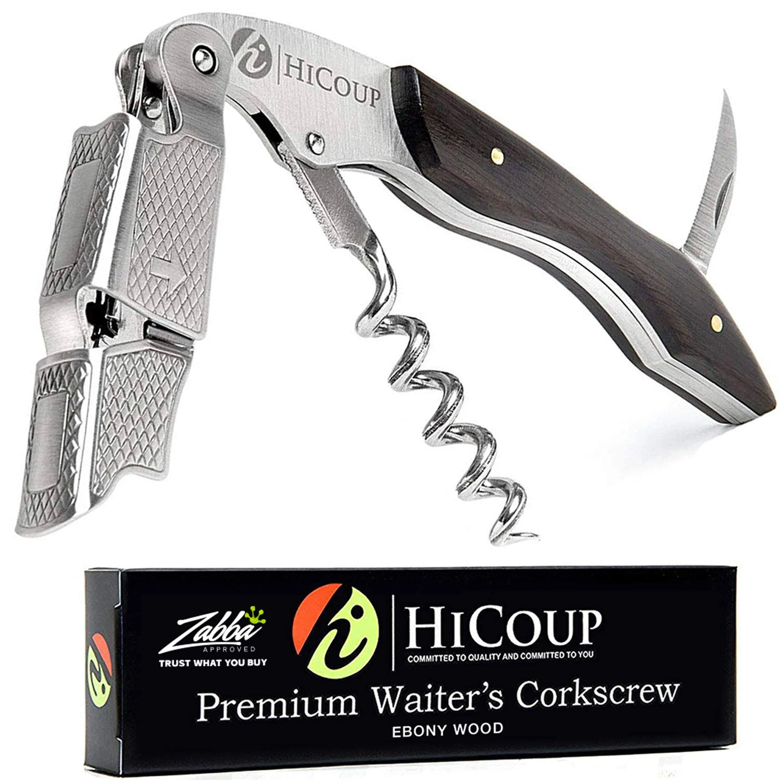 Ebony Wood Waiters Corkscrew by Hicoup - Professional All-in-One Wine Opener, Bottle Opener and Foil Cutter